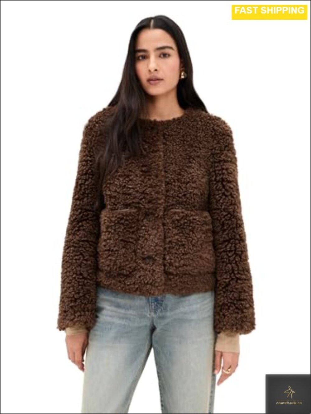 Faux Shearling Casual Jacket Faux Leather Trim Welt Pockets